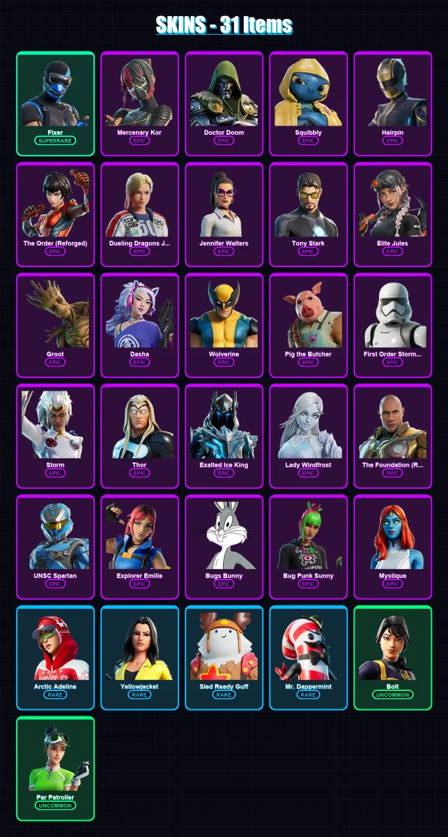 [PS4/PS5/XBOX/PC] | Fixer | Mercenary Kor | Doctor Doom | Squibbly | Hairpin | 31 skin | 99 pickaxe | 65 emote | 82 glider | Lv2131