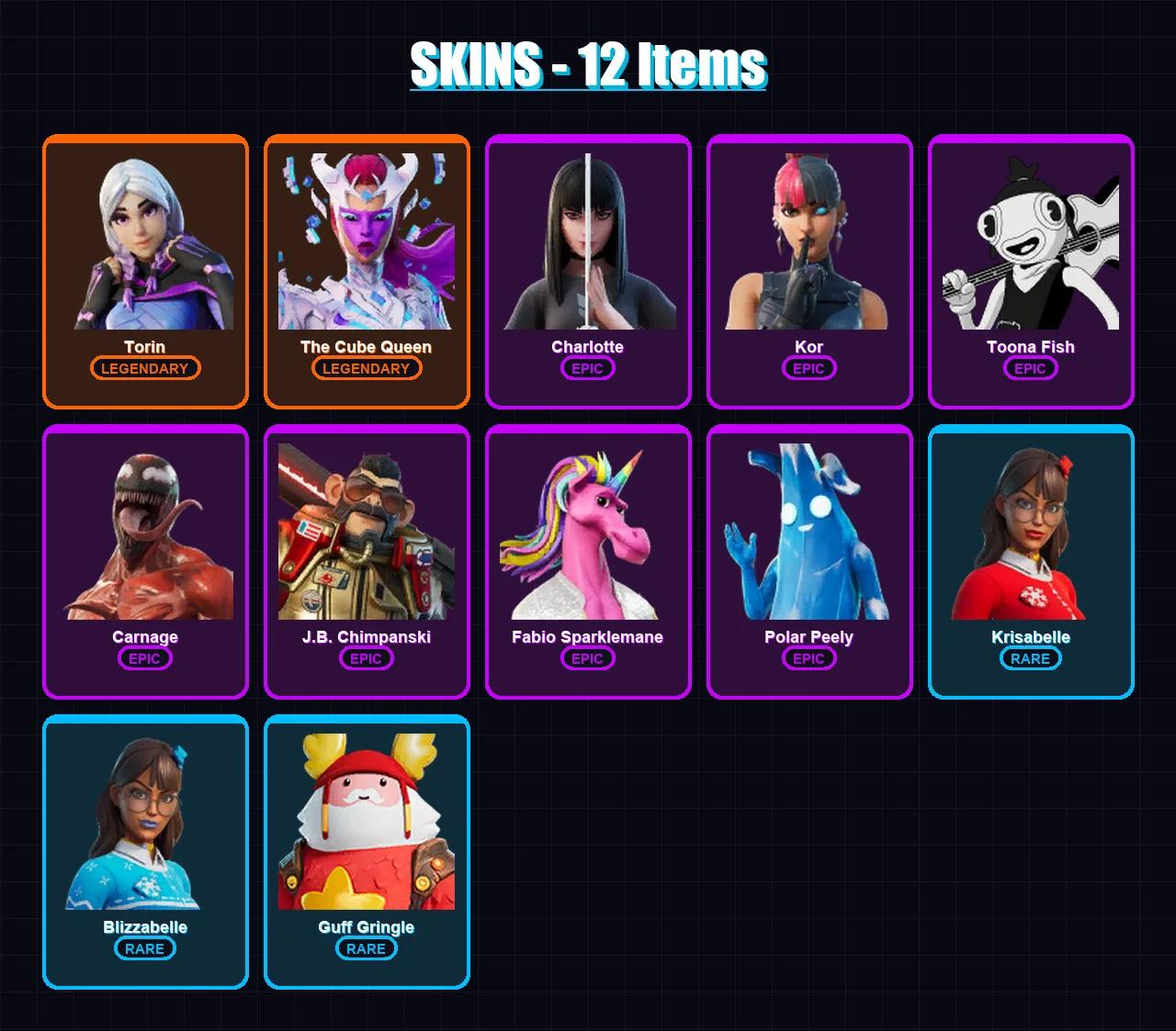 [PC/XBOX/PSN] | Torin | The Cube Queen | Charlotte | Kor | Toona Fish | 12 skin | 38 pickaxe | 22 emote | 28 glider | Lv504