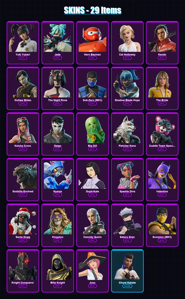 [PC/PSN] | Yuki Yubari | Jade | Hero Baymax | Cat Holloway | Kendo | 29 skin | 59 pickaxe | 48 emote | 41 glider | Lv630