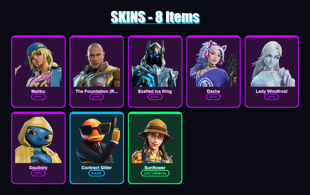 [PC/XBOX/PSN] | Malibu | The Foundation (Reforged) | Exalted Ice King | Dasha | Lady Windfrost | 8 skin | 18 pickaxe | 10 emote | 17 glider | Lv165