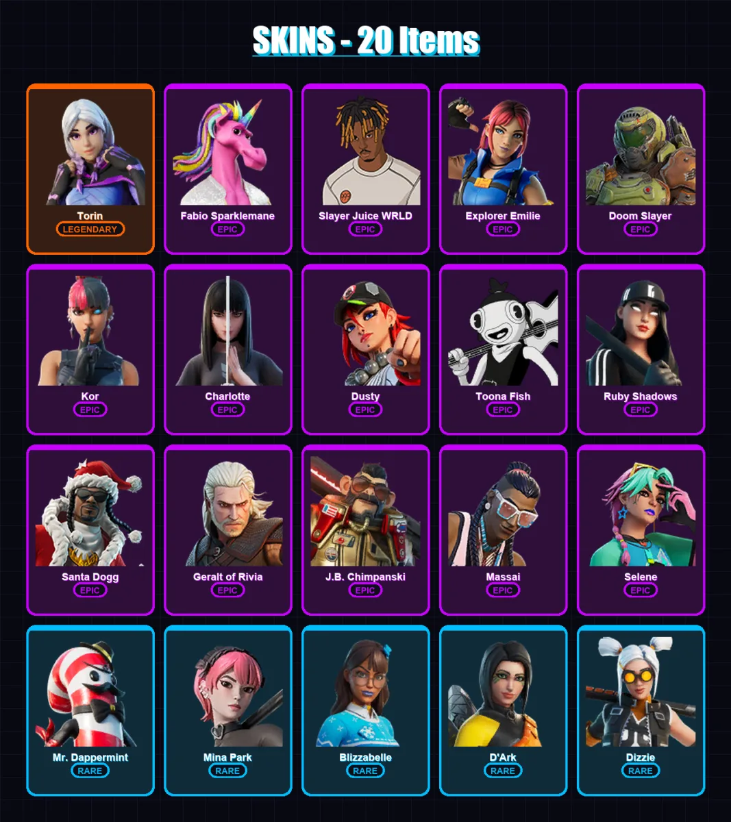 [PC/XBOX/PSN] | Torin | Fabio Sparklemane | Slayer Juice WRLD | Explorer Emilie | Doom Slayer | 20 skin | 41 pickaxe | 21 emote | 30 glider | Lv350