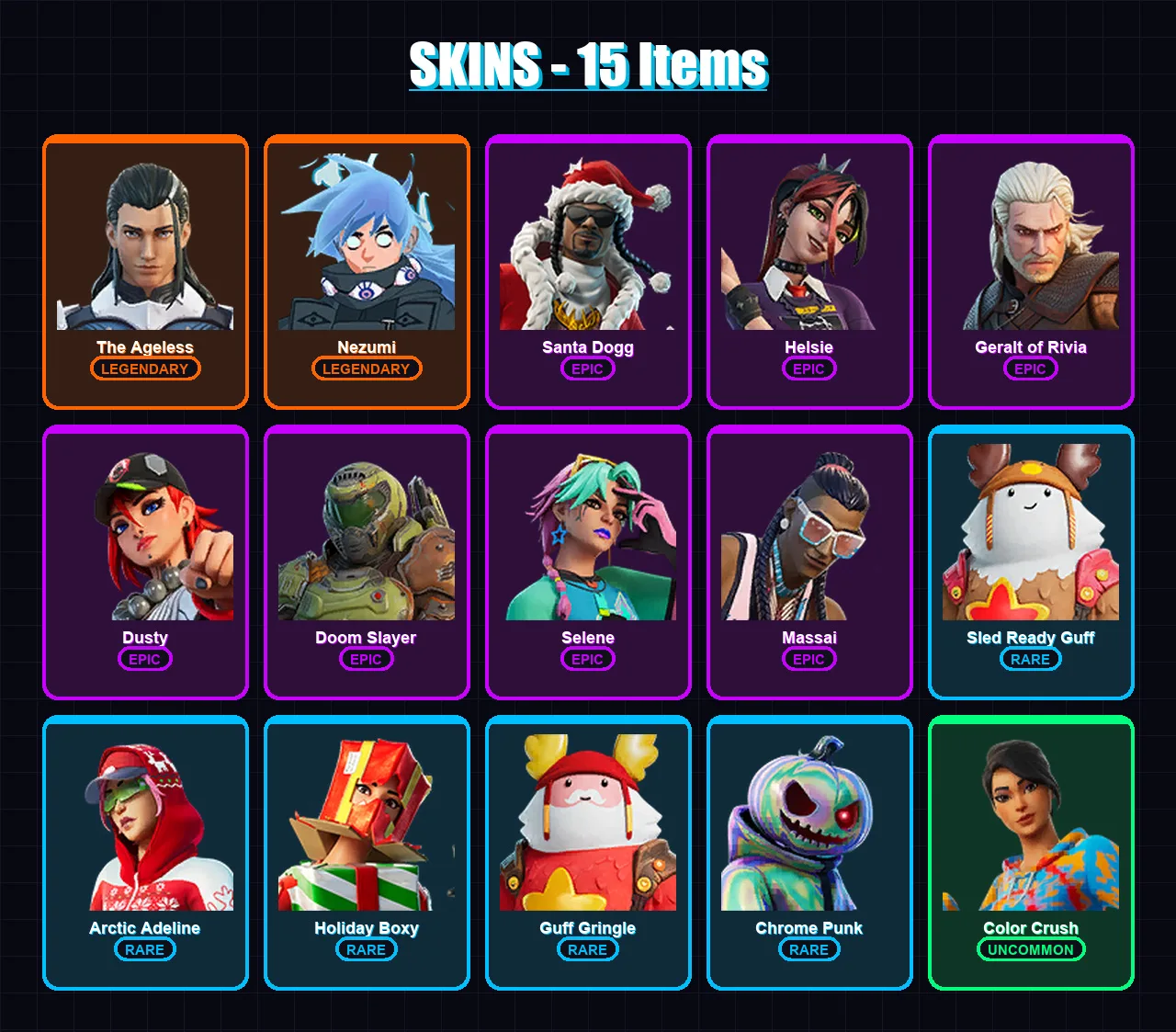 [PS4/PS5/XBOX/PC] | The Ageless | Nezumi | Santa Dogg | Helsie | Geralt of Rivia | 15 skin | 36 pickaxe | 23 emote | 26 glider | Lv697