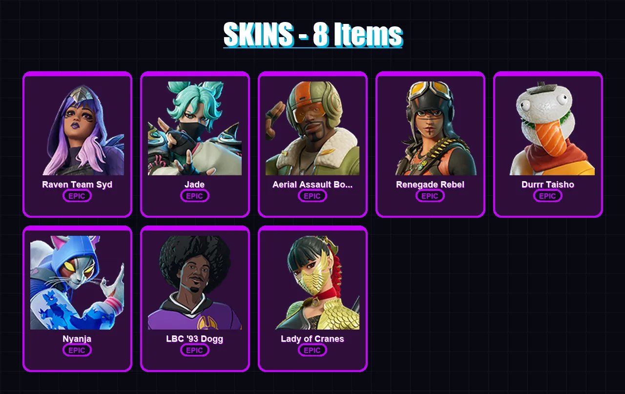 [PC/XBOX/PSN] | Raven Team Syd | Jade | Aerial Assault Bomber | Renegade Rebel | Durrr Taisho | 8 skin | 16 pickaxe | 12 emote | 13 glider | Lv132
