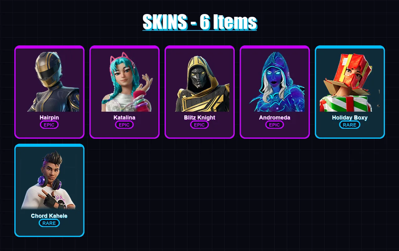 [PC/XBOX/PSN] | Hairpin | Katalina | Blitz Knight | Andromeda | Holiday Boxy | 6 skin | 27 pickaxe | 9 emote | 18 glider | Lv185