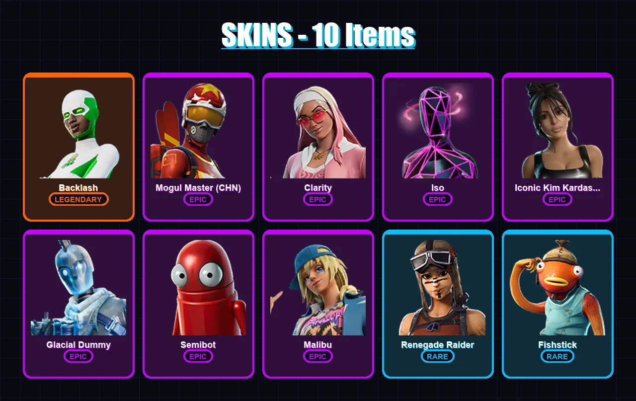[PC/XBOX/PSN] | Backlash | Mogul Master (CHN) | Clarity | Iso | Iconic Kim Kardashian | 10 skin | 17 pickaxe | 12 emote | 8 glider | Lv63