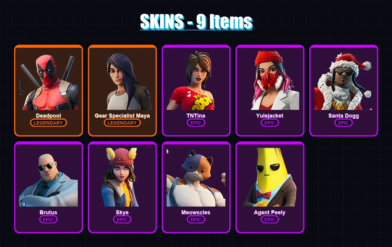 [PC/XBOX] | Deadpool | Gear Specialist Maya | TNTina | Yulejacket | Santa Dogg | 9 skin | 19 pickaxe | 17 emote | 18 glider | Lv238
