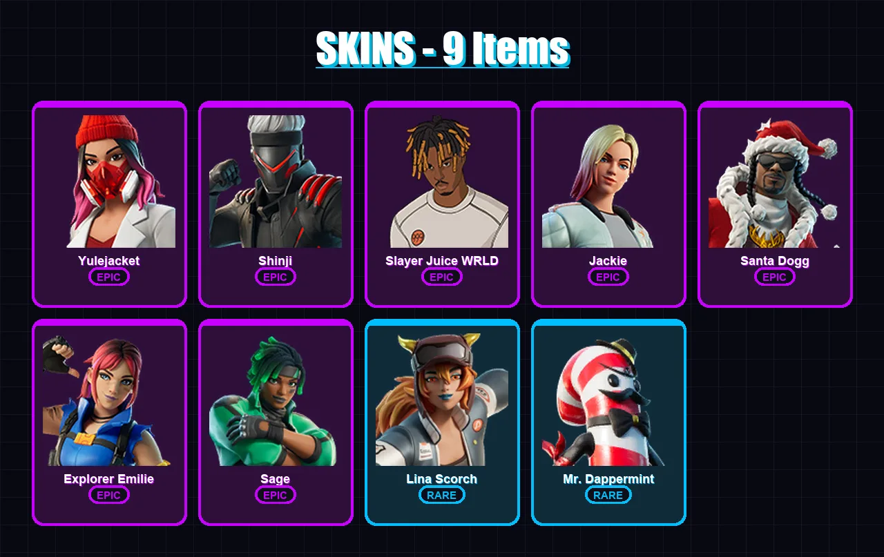 [PS4/PS5/XBOX/PC] | Yulejacket | Shinji | Slayer Juice WRLD | Jackie | Santa Dogg | 9 skin | 25 pickaxe | 11 emote | 20 glider | Lv199