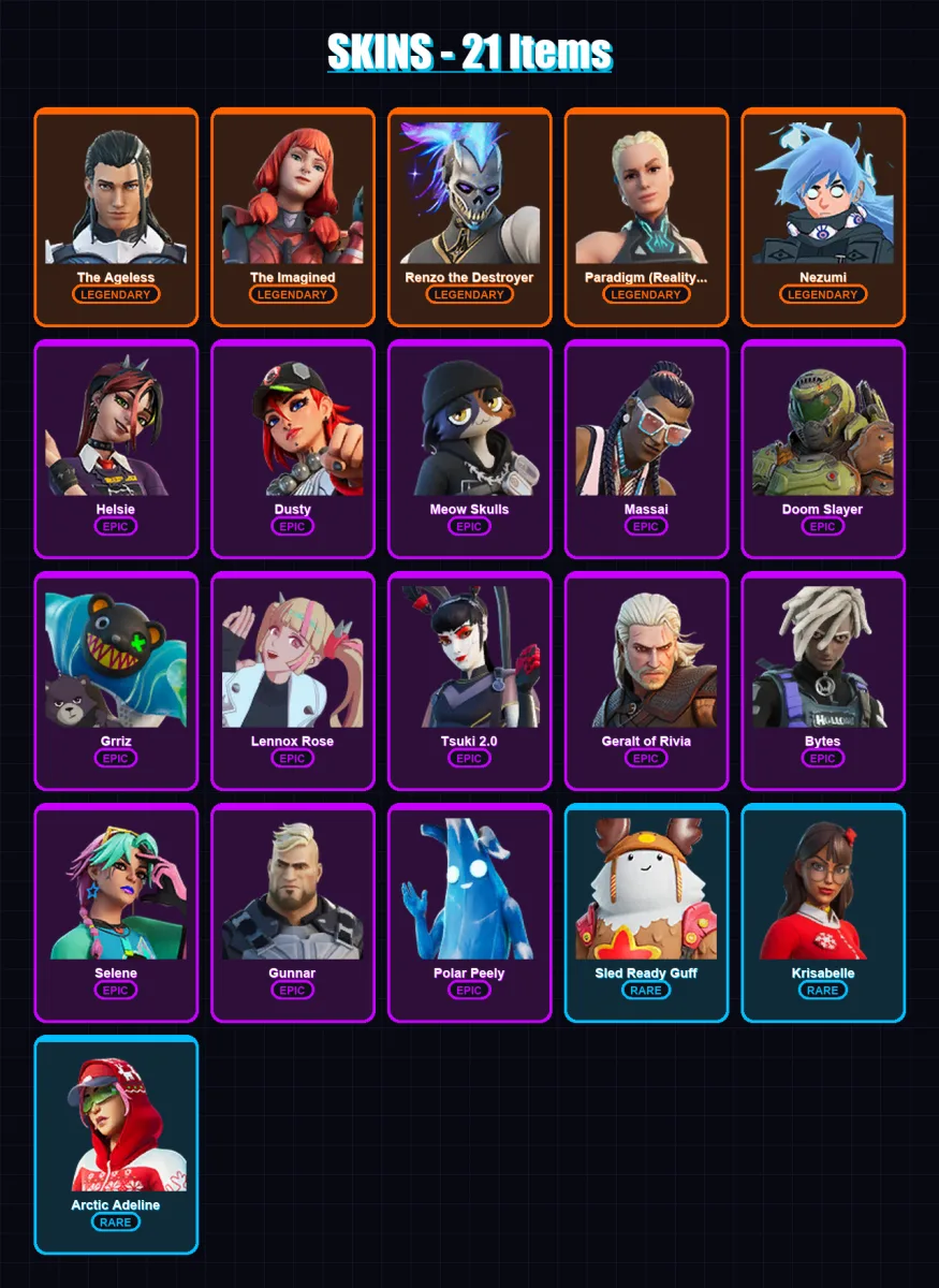 [PC/XBOX/PSN] | The Ageless | The Imagined | Renzo the Destroyer | 21 skin | Lv699 — Fortnite account
