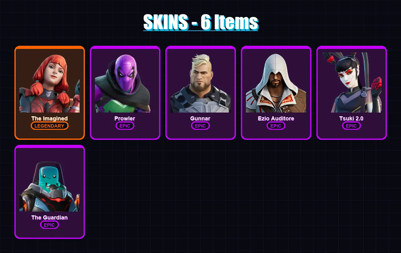 [PC/XBOX/PSN] | The Imagined | Prowler | Gunnar | Ezio Auditore | Tsuki 2.0 | 6 skin | 10 pickaxe | 5 emote | 9 glider | Lv85