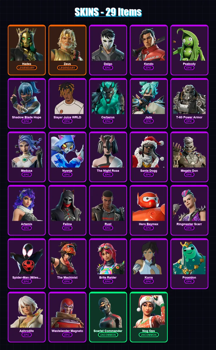 [PS4/PS5/XBOX/PC] | Hades | Zeus | Daigo | Kendo | Peabody | 29 skin | 51 pickaxe | 30 emote | 39 glider | Lv654