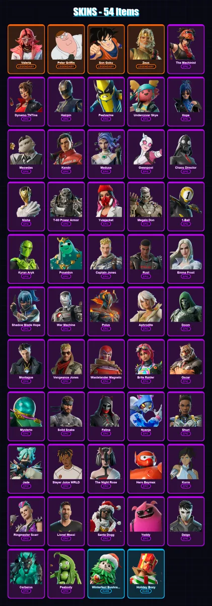 [PC/XBOX/PSN] | Valeria | Peter Griffin | Son Goku | Zeus | The Machinist | 54 skin | 71 pickaxe | 56 emote | 61 glider | Lv779