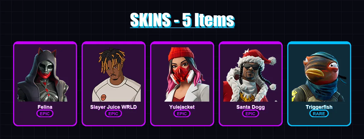 [PC/XBOX/PSN] | Felina | Slayer Juice WRLD | Yulejacket | Santa Dogg | Triggerfish | 5 skin | 22 pickaxe | 18 emote | 17 glider | Lv242