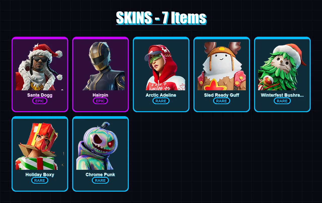 [PC/XBOX] | Santa Dogg | Hairpin | Arctic Adeline | Sled Ready Guff | Winterfest Bushranger | 7 skin | 37 pickaxe | 11 emote | 30 glider | Lv432