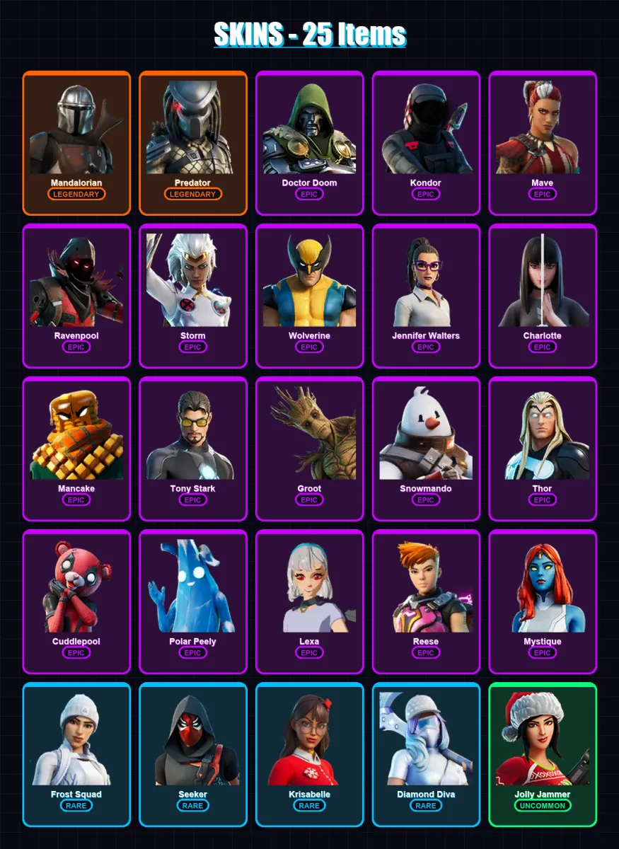 [PC/XBOX] | Mandalorian | Predator | Doctor Doom | Kondor | Mave | 25 skin | 30 pickaxe | 12 emote | 27 glider | Lv375
