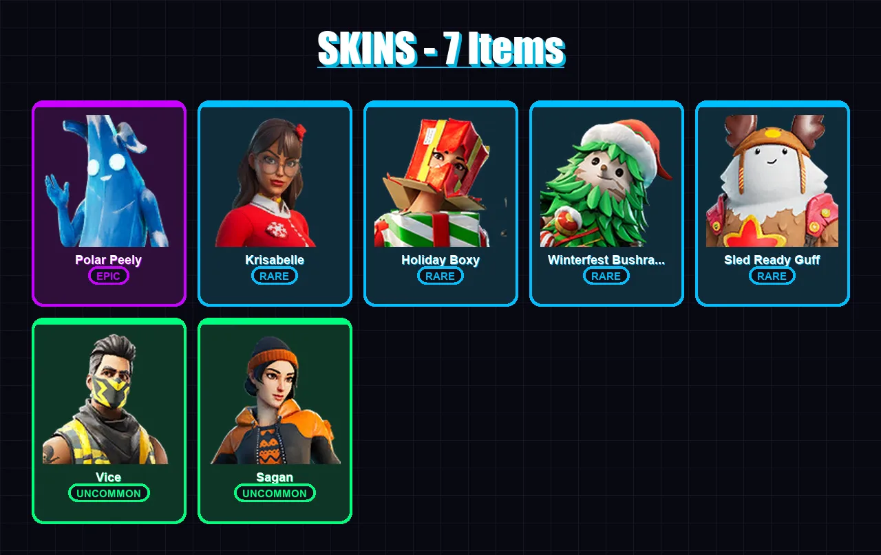 [PC/PSN] | Polar Peely | Krisabelle | Holiday Boxy | Winterfest Bushranger | Sled Ready Guff | 7 skin | 20 pickaxe | 24 emote | 26 glider | Lv343