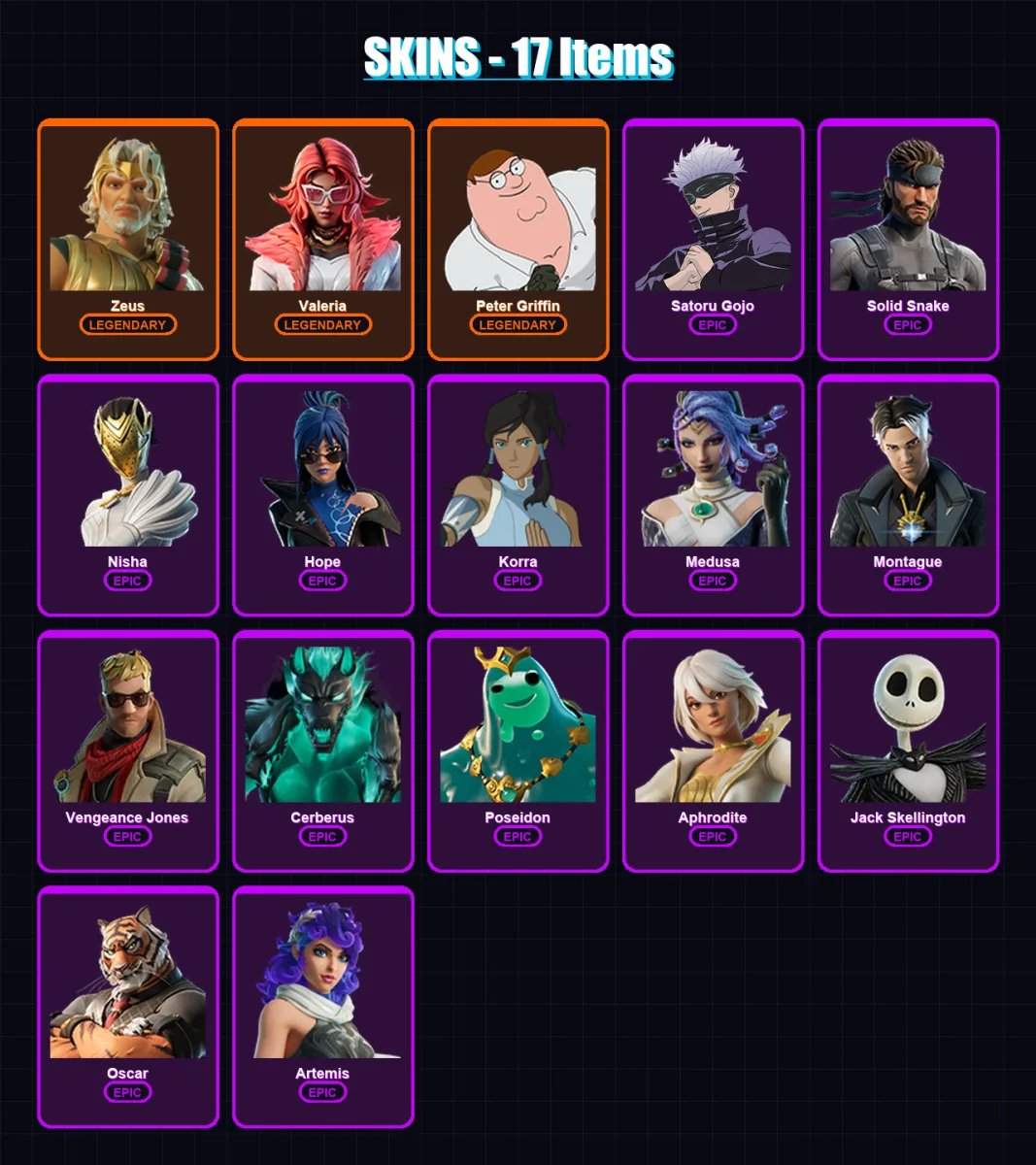 [PS4/PS5/XBOX/PC] | Zeus | Valeria | Peter Griffin | Satoru Gojo | Solid Snake | 17 skin | 22 pickaxe | 29 emote | 19 glider | Lv259