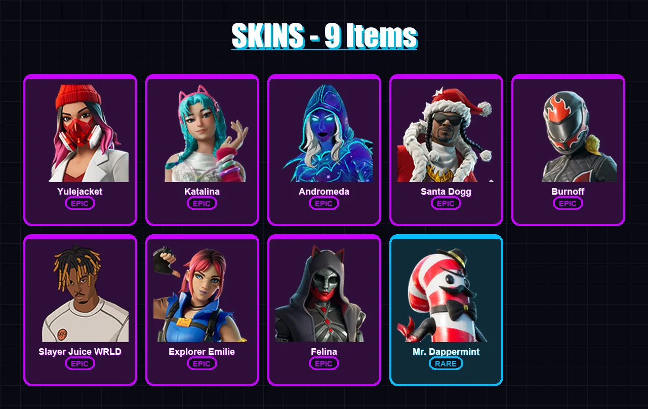 [PC/XBOX/PSN] | Yulejacket | Katalina | Andromeda | Santa Dogg | Burnoff | 9 skin | 33 pickaxe | 13 emote | 17 glider | Lv328