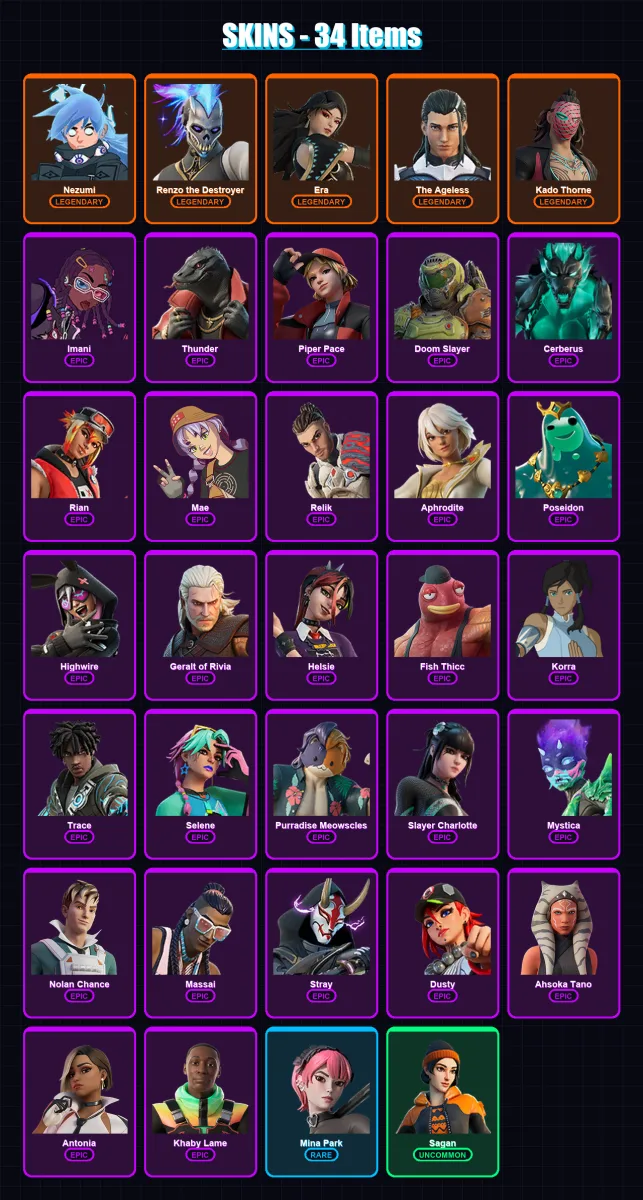 [PC/XBOX/PSN] | Nezumi | Renzo the Destroyer | Era | The Ageless | Kado Thorne | 34 skin | 40 pickaxe | 32 emote | 40 glider | Lv468