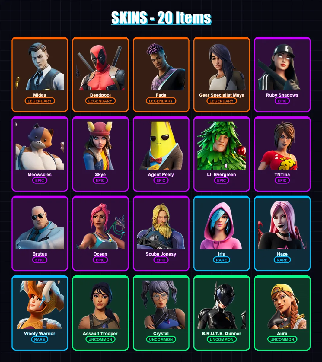 [PC/XBOX/PSN] | Midas | Deadpool | Fade | Gear Specialist Maya | Ruby Shadows | 20 skin | 22 pickaxe | 23 emote | 27 glider | Lv385