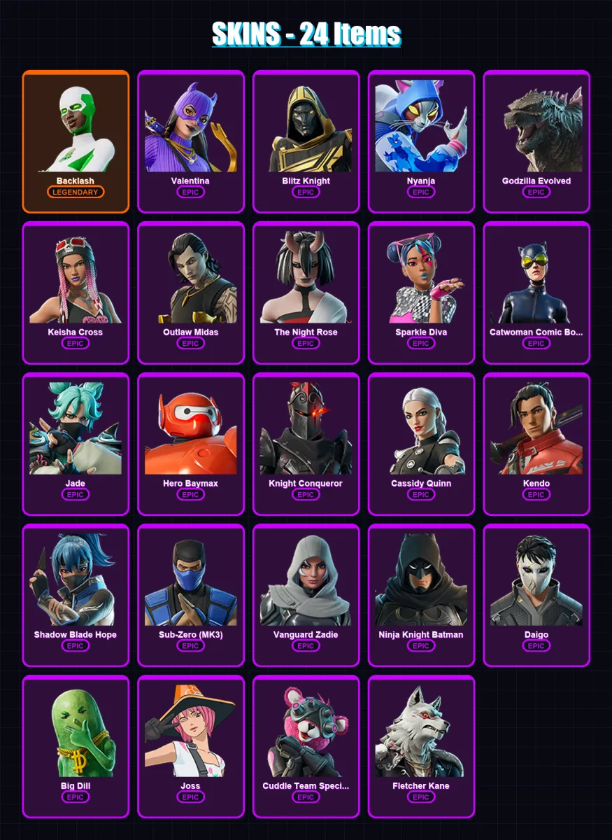 [PC/XBOX/PSN] | Backlash | Valentina | Blitz Knight | Nyanja | Godzilla Evolved | 24 skin | 35 pickaxe | 28 emote | 29 glider | Lv415