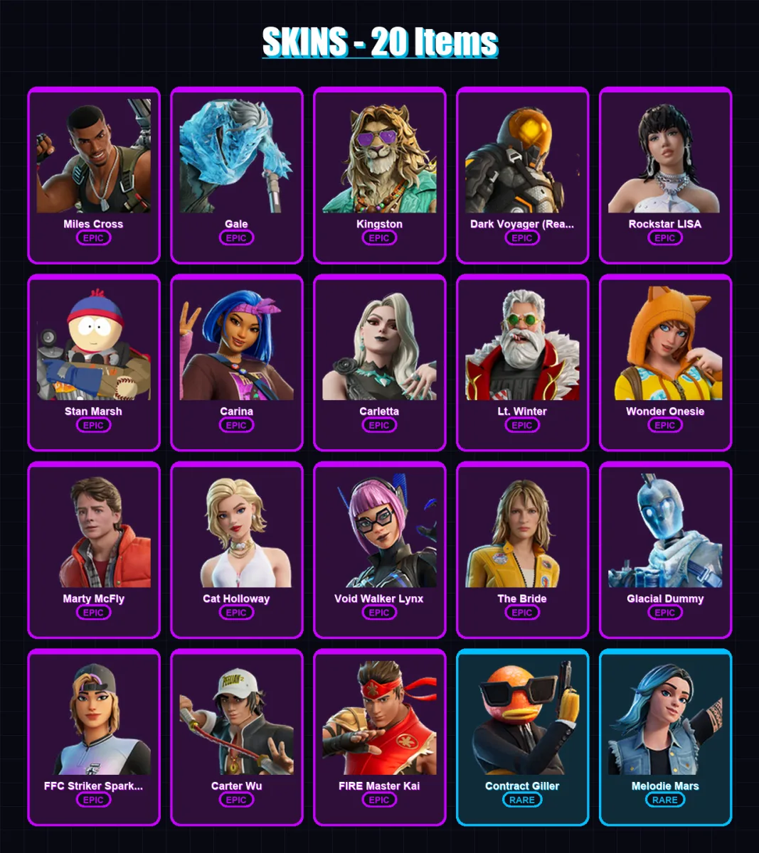 [PC/XBOX/PSN] | Miles Cross | Gale | Kingston | Dark Voyager (Reality Redacted) | Rockstar LISA | 20 skin | 23 pickaxe | 15 emote | 14 glider | Lv16