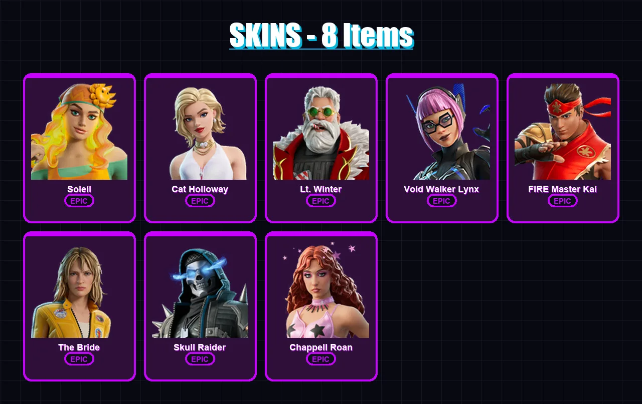 [SWITCH/XBOX/PSN/PC] | Soleil | Cat Holloway | Lt. Winter | Void Walker Lynx | FIRE Master Kai | 8 skin | 11 pickaxe | 12 emote | 9 glider | Lv38