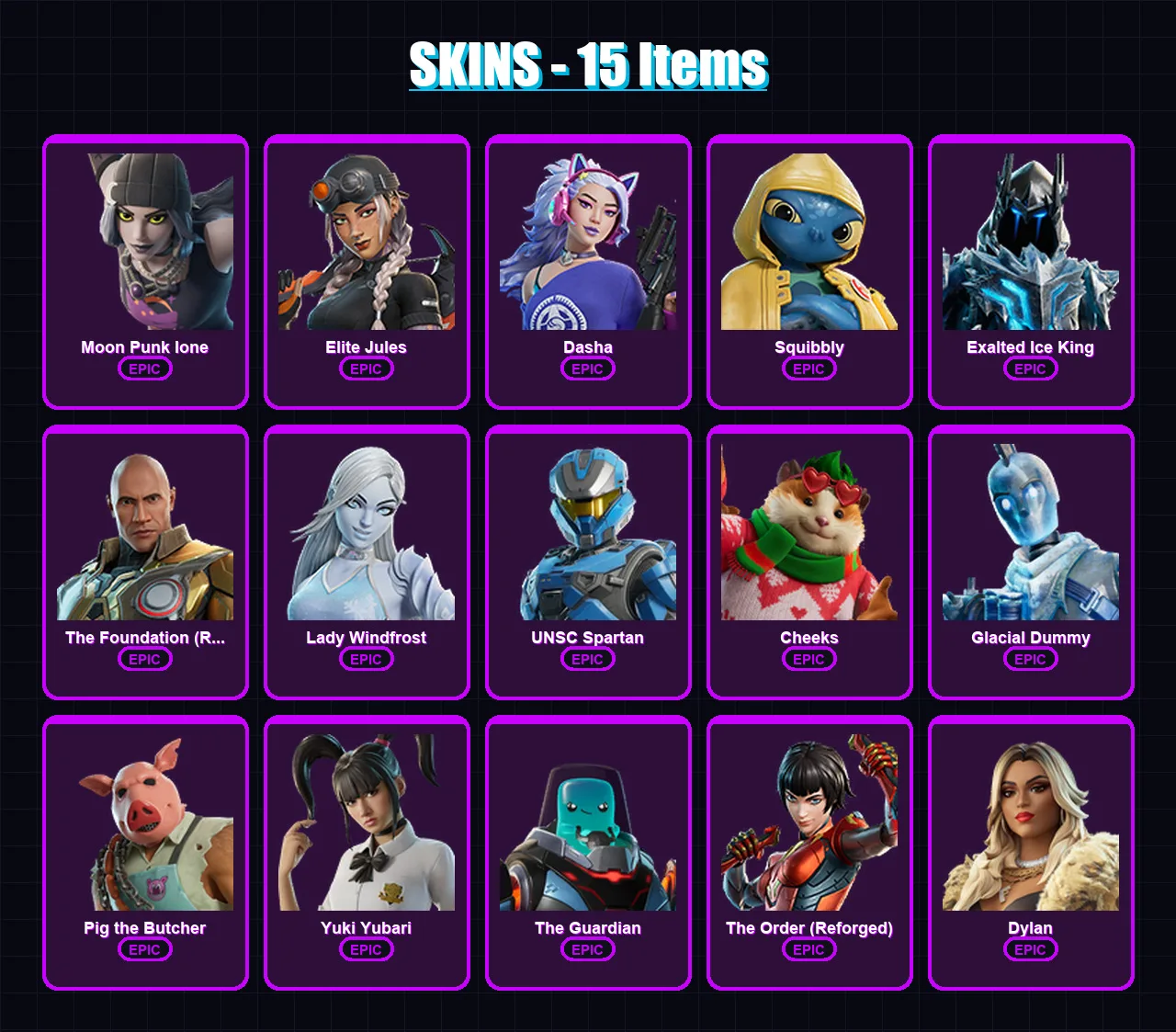 [PC/XBOX/PSN] | Moon Punk Ione | Elite Jules | Dasha | Squibbly | Exalted Ice King | 15 skin | 52 pickaxe | 20 emote | 34 glider | Lv431