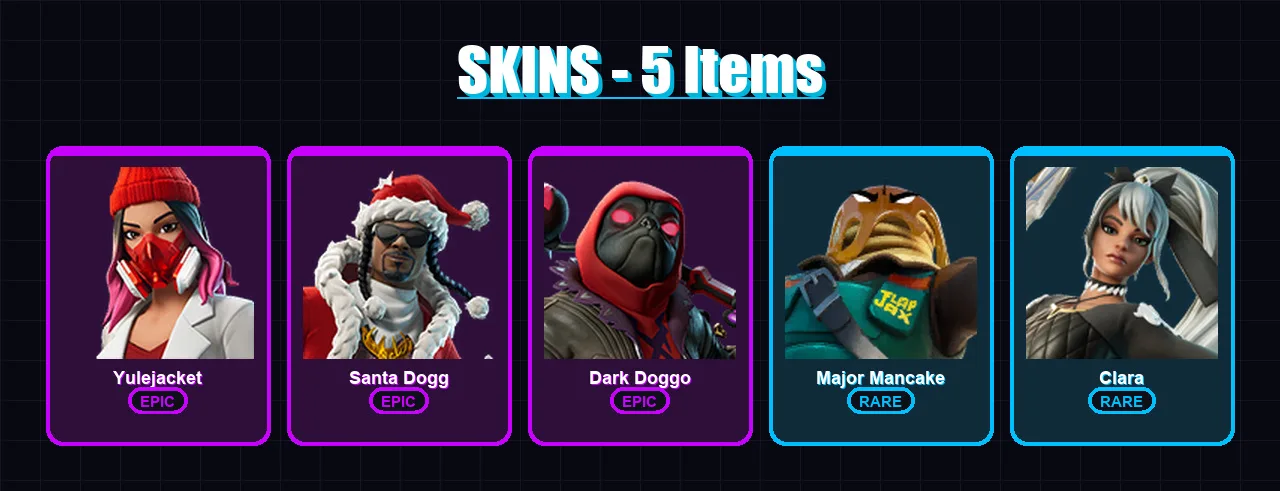 [PS4/PS5/PC] | Yulejacket | Santa Dogg | Dark Doggo | Major Mancake | Clara | 5 skin | 15 pickaxe | 7 emote | 6 glider | Lv83