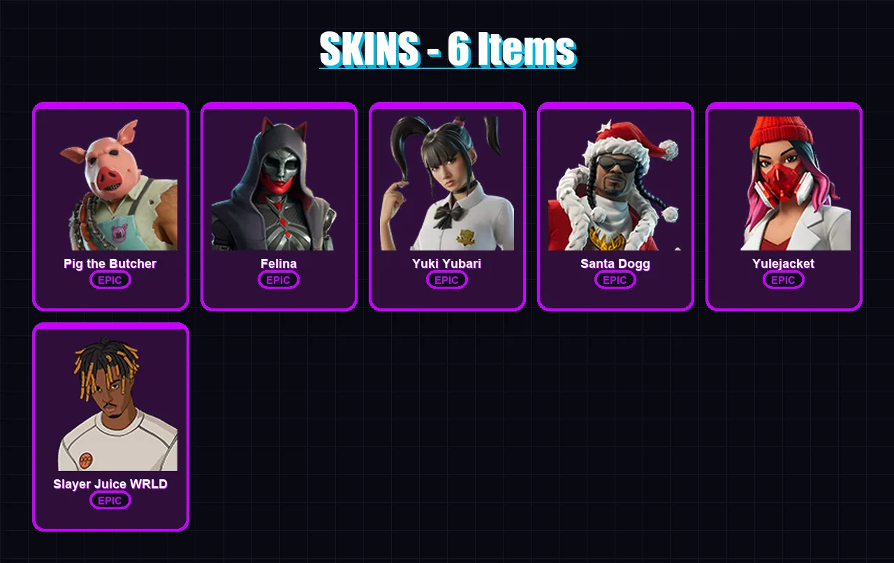 [PC/XBOX/PSN] | Pig the Butcher | Felina | Yuki Yubari | Santa Dogg | Yulejacket | 6 skin | 40 pickaxe | 14 emote | 23 glider | Lv287