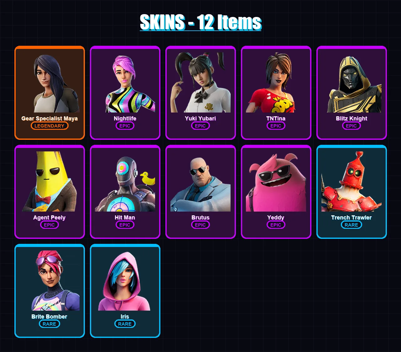 [PC/PSN] | Gear Specialist Maya | Nightlife | Yuki Yubari | TNTina | Blitz Knight | 12 skin | 25 pickaxe | 14 emote | 19 glider | Lv250
