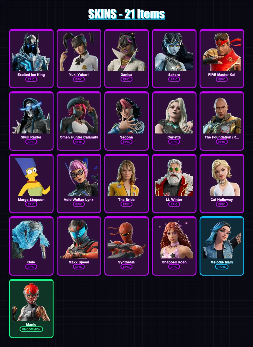 [PC/PSN] | Exalted Ice King | Yuki Yubari | Danica | Sakara | FIRE Master Kai | 21 skin | 19 pickaxe | 15 emote | 8 glider | Lv54