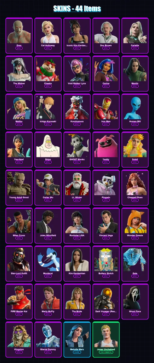 [PC/XBOX/PSN] | Drax | Cat Holloway | Iconic Kim Kardashian | Doc Brown | Carletta | 44 skin | 48 pickaxe | 48 emote | 22 glider | Lv377