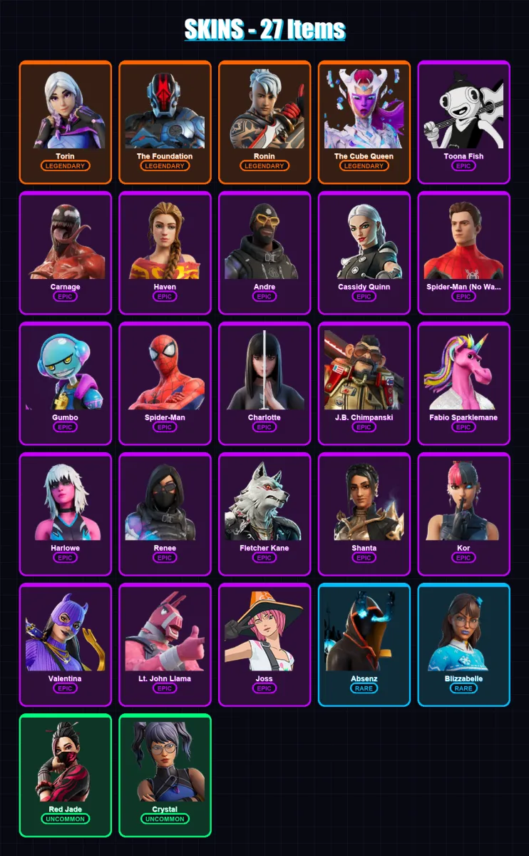 [PC/XBOX/PSN] | Torin | The Foundation | Ronin | The Cube Queen | Toona Fish | 27 skin | 50 pickaxe | 33 emote | 40 glider | Lv740 — Fortnite account