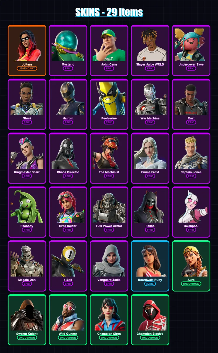 [SWITCH/XBOX/PSN/PC] | Joltara | Mysterio | John Cena | Slayer Juice WRLD | Undercover Skye | 29 skin | 55 pickaxe | 36 emote | 37 glider | Lv546