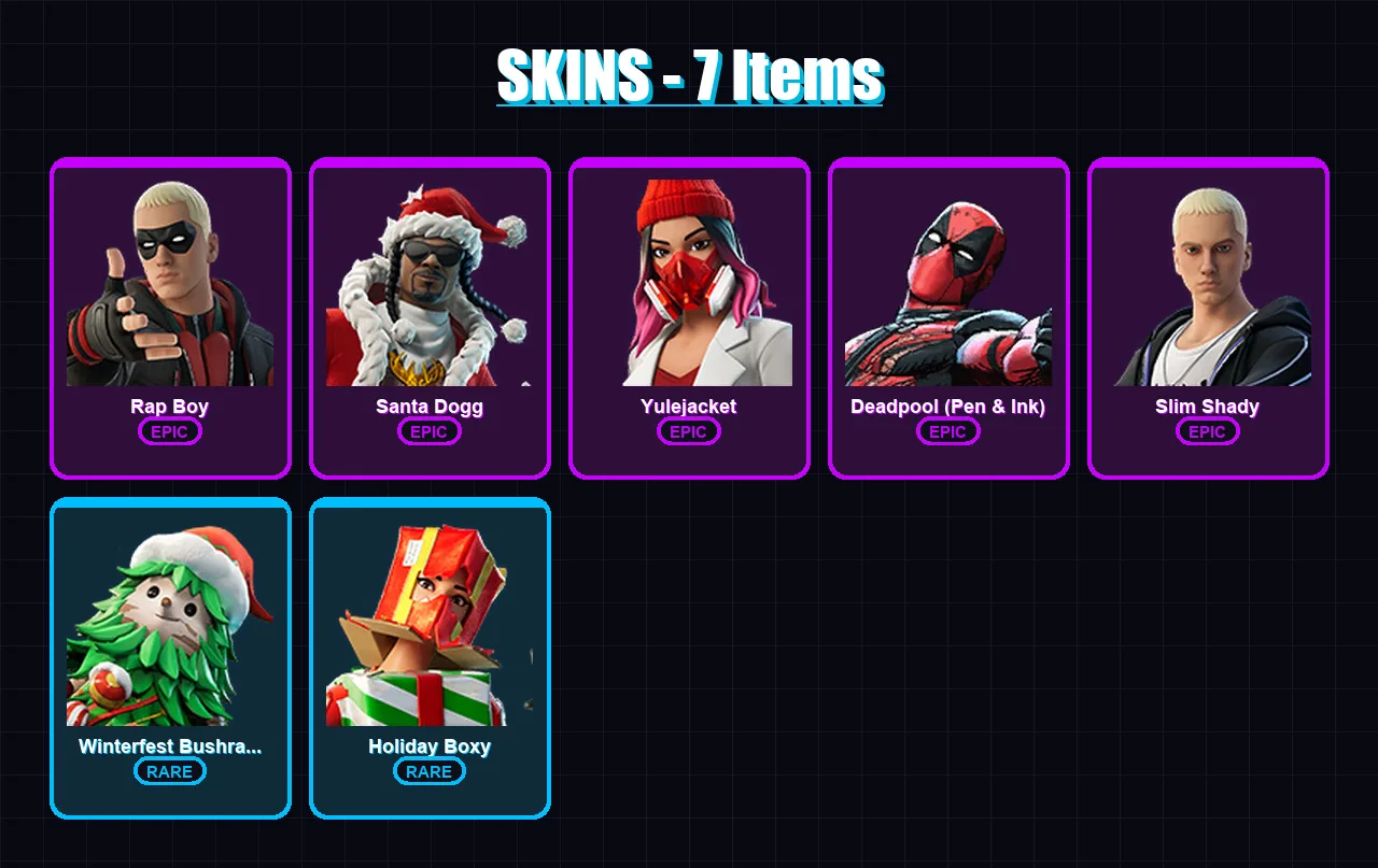 [PC/XBOX/PSN] | Rap Boy | Santa Dogg | Yulejacket | Deadpool (Pen & Ink) | Slim Shady | 7 skin | 10 pickaxe | 12 emote | 13 glider | Lv147