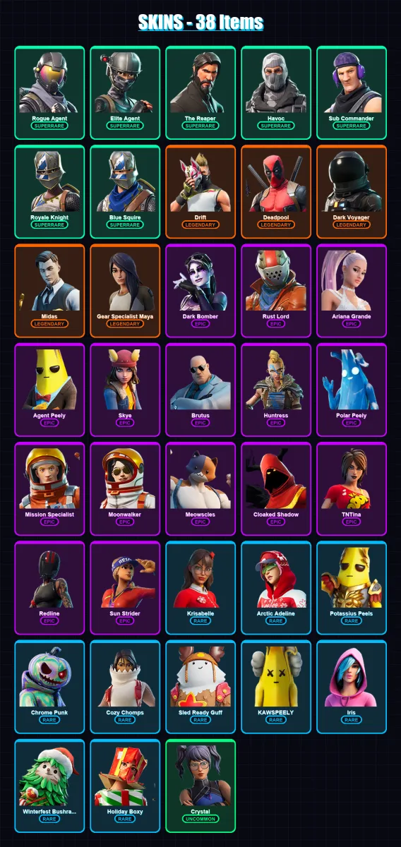[PC/PSN] | Rogue Agent | Elite Agent | The Reaper | Havoc | Sub Commander | 38 skin | 61 pickaxe | 69 emote | 70 glider | Lv1337