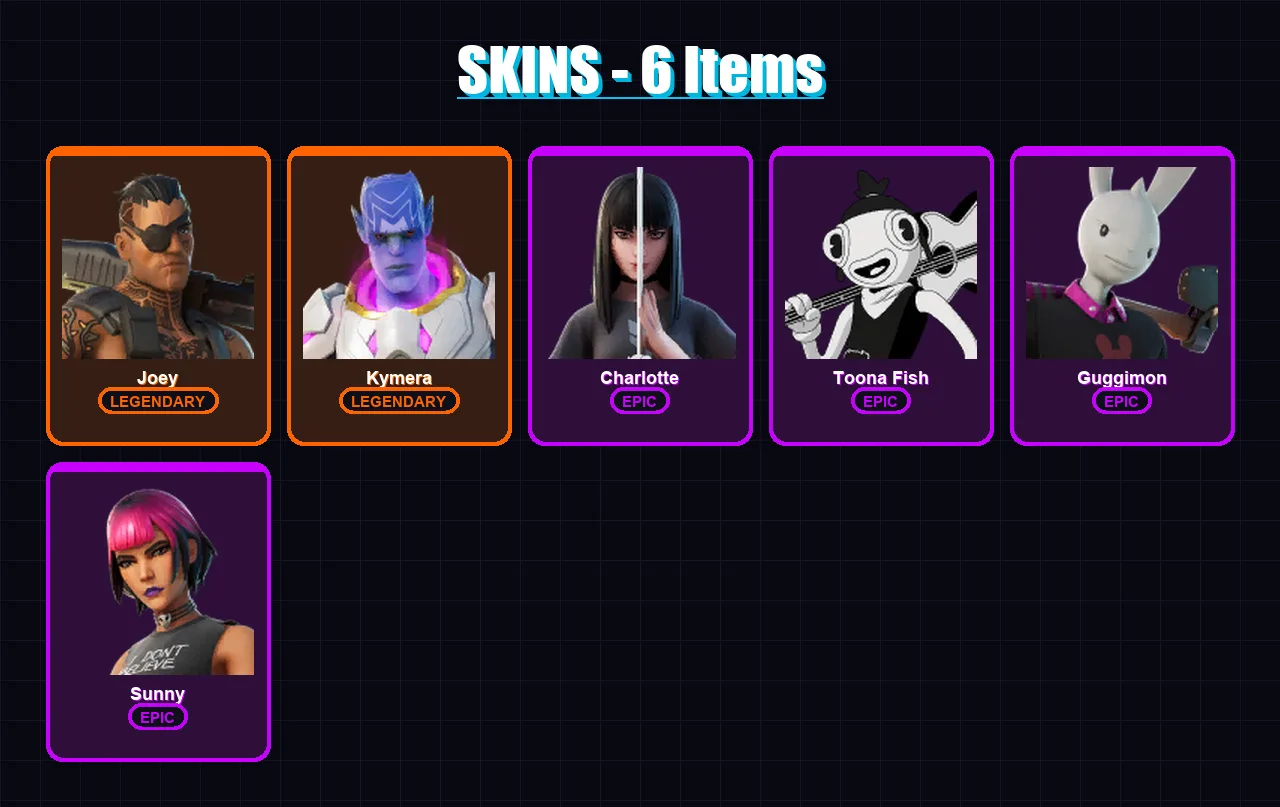 [PC/XBOX/PSN] | Joey | Kymera | Charlotte | Toona Fish | Guggimon | 6 skin | 5 pickaxe | 15 emote | 6 glider | Lv88