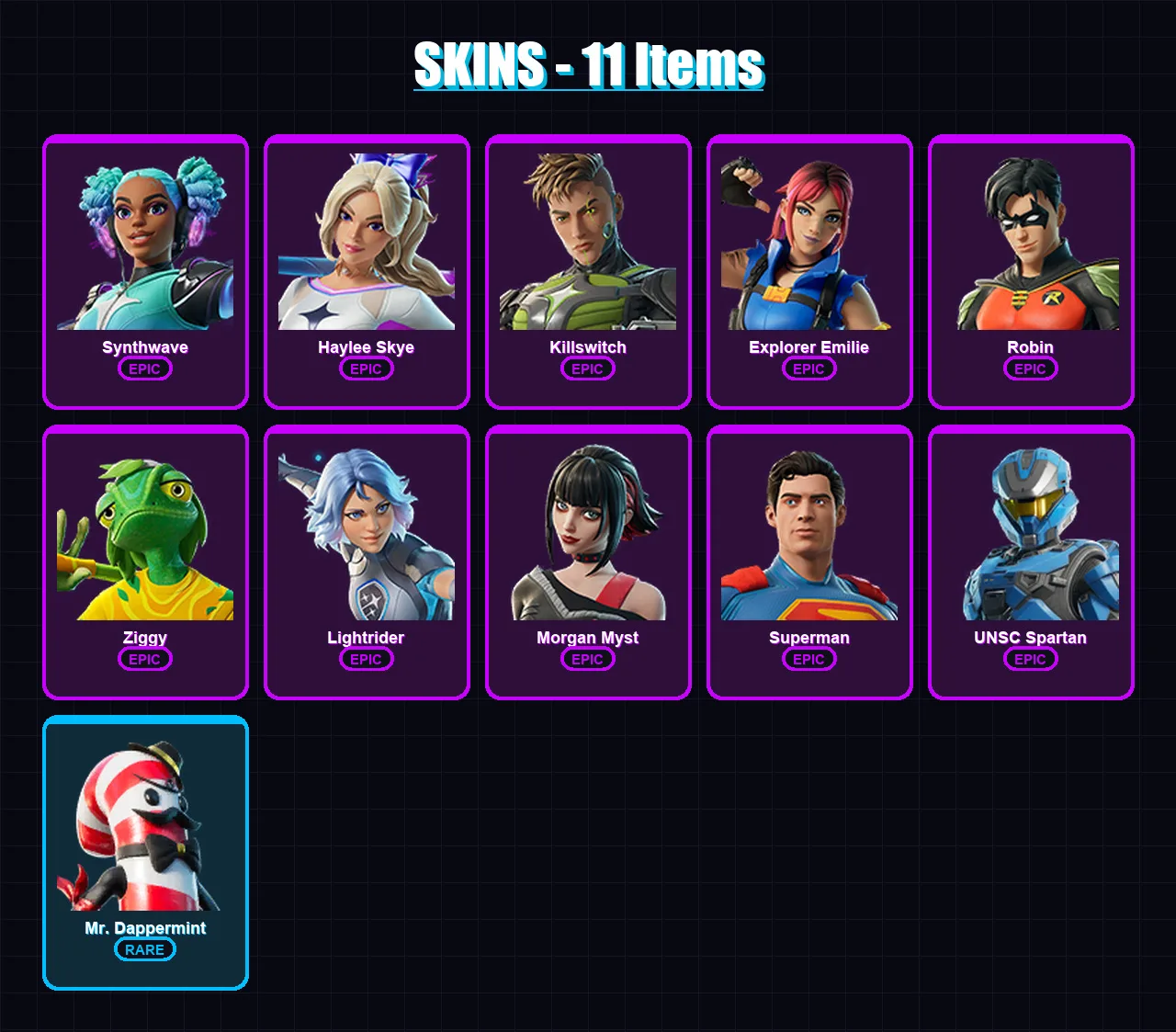 [PC/XBOX/PSN] | Synthwave | Haylee Skye | Killswitch | Explorer Emilie | Robin | 11 skin | 18 pickaxe | 12 emote | 15 glider | Lv134