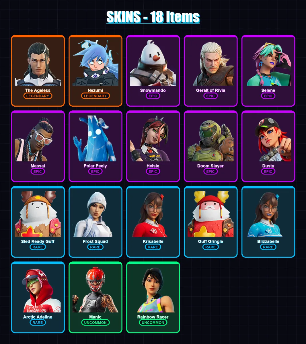 [PC/XBOX/PSN] | The Ageless | Nezumi | Snowmando | Geralt of Rivia | Selene | 18 skin | 33 pickaxe | 25 emote | 34 glider | Lv658 — Game account