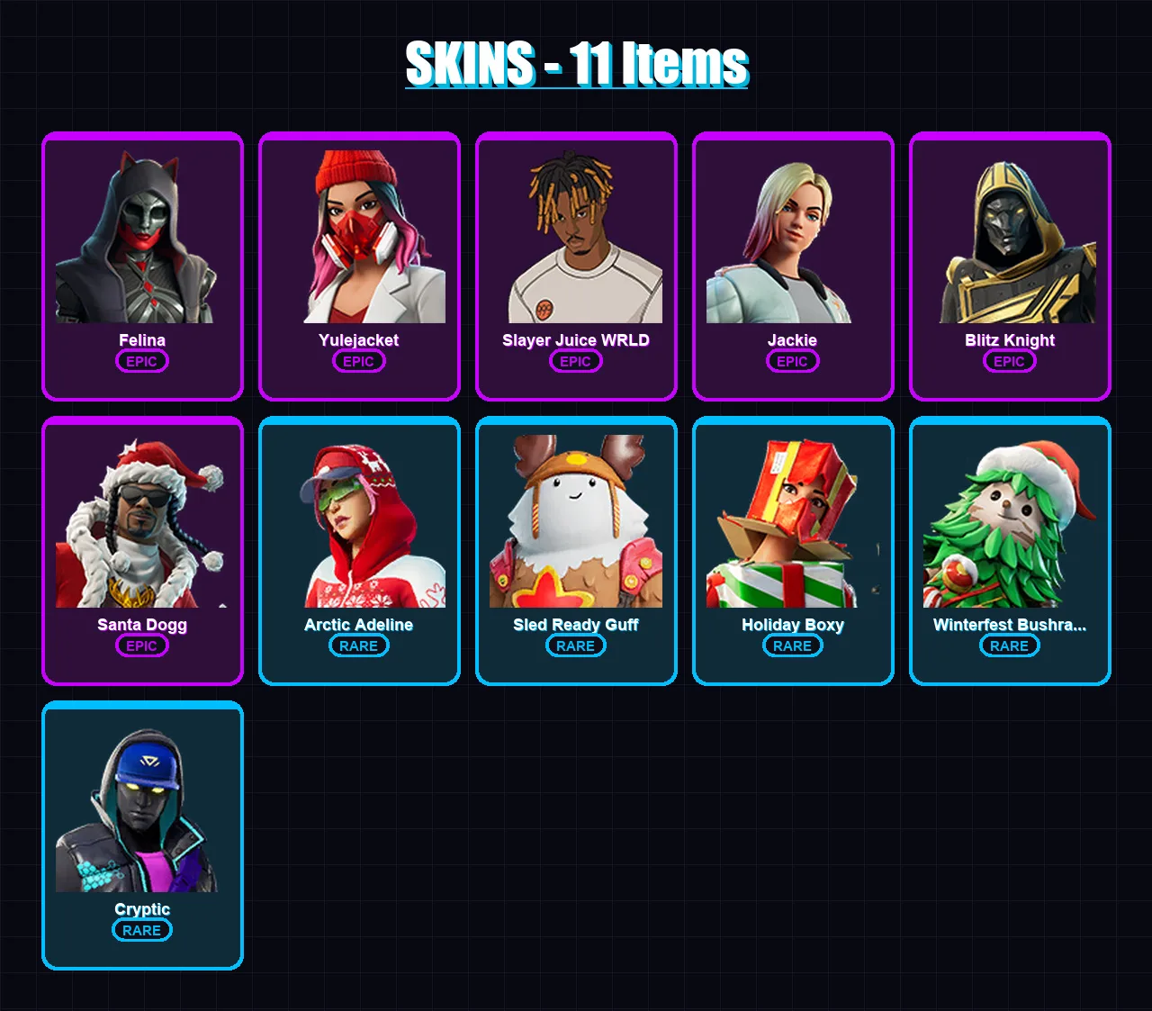 [PS4/PS5/XBOX/PC] | Felina | Yulejacket | Slayer Juice WRLD | Jackie | Blitz Knight | 11 skin | 38 pickaxe | 19 emote | 25 glider | Lv497