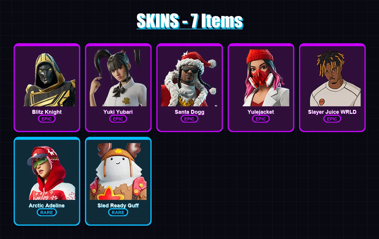 [PS4/PS5/XBOX/PC] | Blitz Knight | Yuki Yubari | Santa Dogg | Yulejacket | Slayer Juice WRLD | 7 skin | 22 pickaxe | 4 emote | 15 glider | Lv145