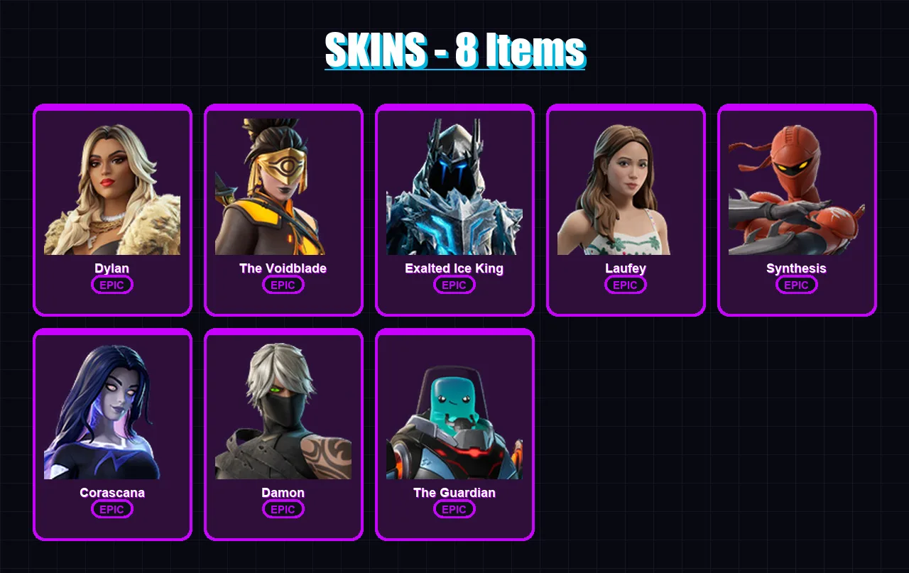 [PC/XBOX] | Dylan | The Voidblade | Exalted Ice King | Laufey | Synthesis | 8 skin | 9 pickaxe | 3 emote | 8 glider | Lv38