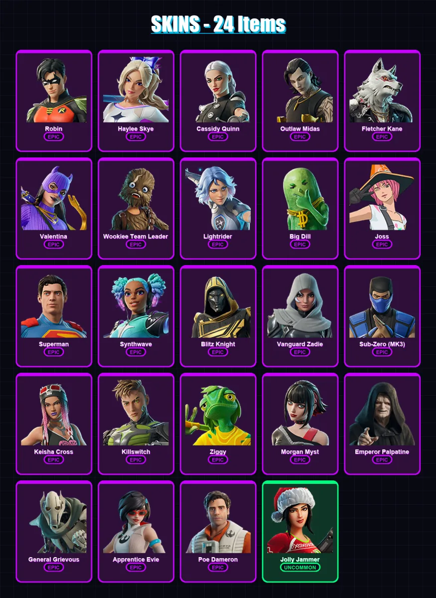 [PC/PSN] | Robin | Haylee Skye | Cassidy Quinn | Outlaw Midas | Fletcher Kane | 24 skin | 57 pickaxe | 38 emote | 36 glider | Lv438