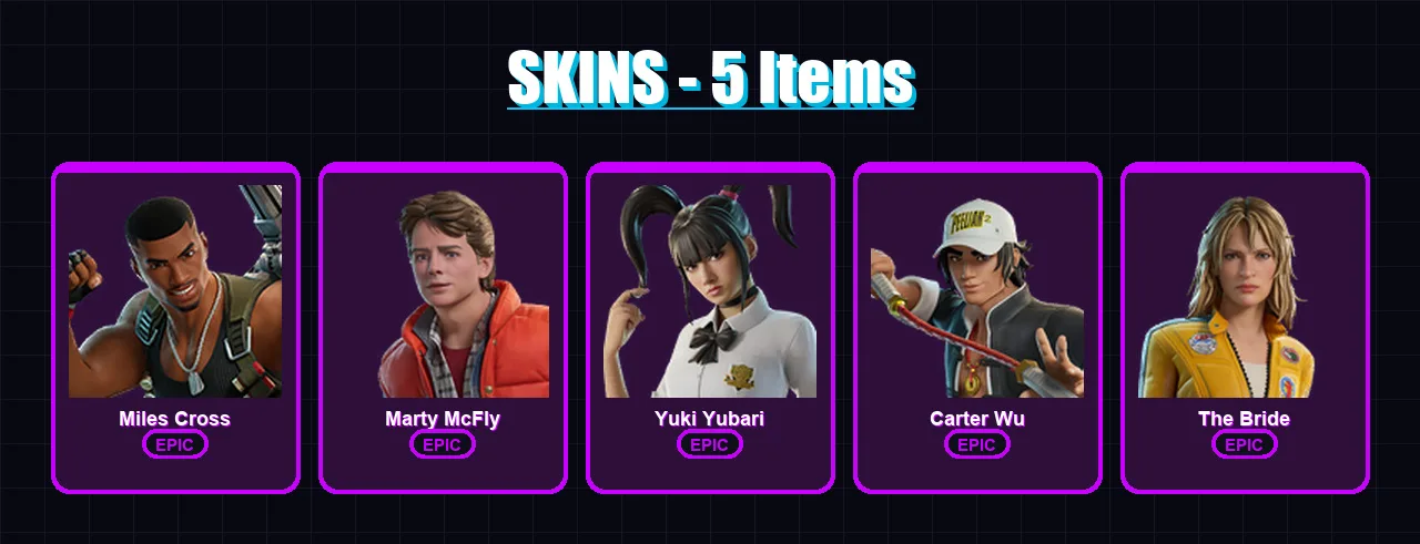 [PC/XBOX/PSN] | Miles Cross | Marty McFly | Yuki Yubari | Carter Wu | The Bride | 5 skin | 13 pickaxe | 10 emote | 10 glider | Lv81