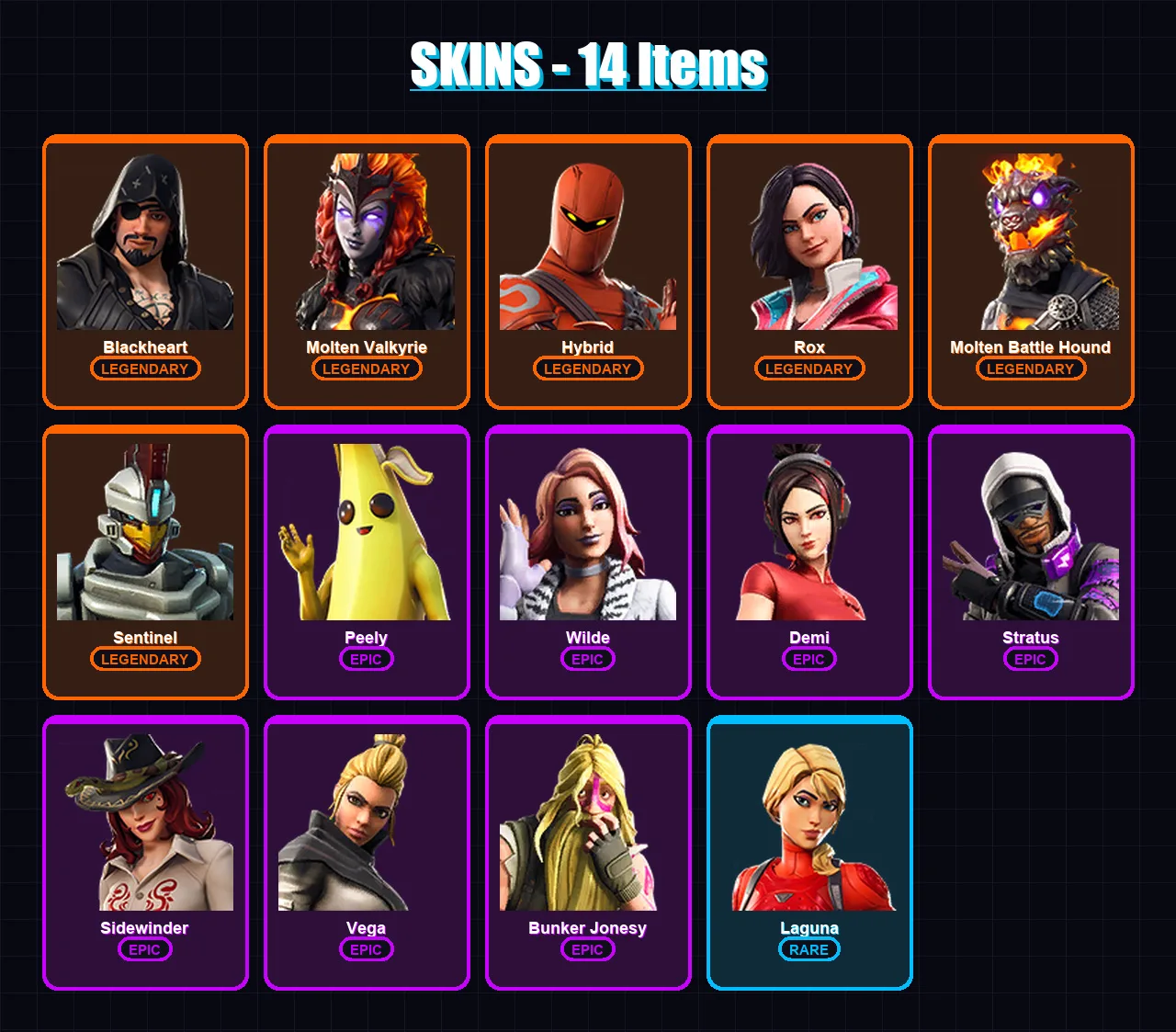 [PC/XBOX/PSN] | Blackheart | Molten Valkyrie | Hybrid | Rox | Molten Battle Hound | 14 skin | 12 pickaxe | 23 emote | 13 glider | Lv150
