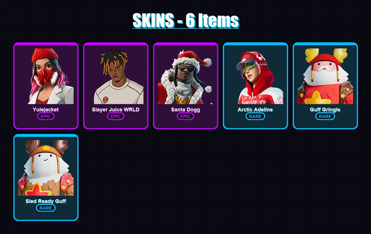 [PC/PSN] | Yulejacket | Slayer Juice WRLD | Santa Dogg | Arctic Adeline | Guff Gringle | 6 skin | 21 pickaxe | 6 emote | 21 glider | Lv179