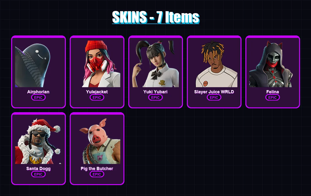 [PC/XBOX/PSN] | Airphorian | Yulejacket | Yuki Yubari | Slayer Juice WRLD | Felina | 7 skin | 51 pickaxe | 21 emote | 34 glider | Lv520