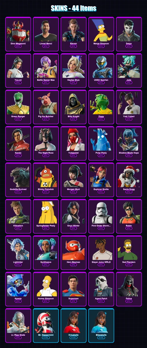 [PC/XBOX/PSN] | Dino Megazord | Lionel Messi | Eleven | Marge Simpson | Daigo | 44 skin | 110 pickaxe | 63 emote | 71 glider | Lv1073