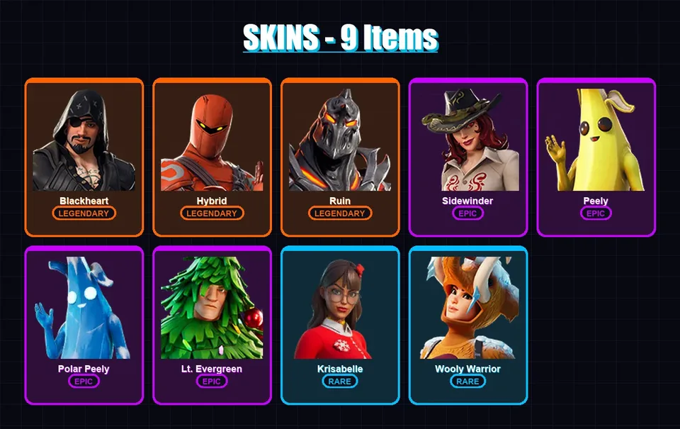 [PC/XBOX/PSN] | Blackheart | Hybrid | Ruin | Sidewinder | Peely | 9 skin | 17 pickaxe | 19 emote | 17 glider | Lv235 — main preview