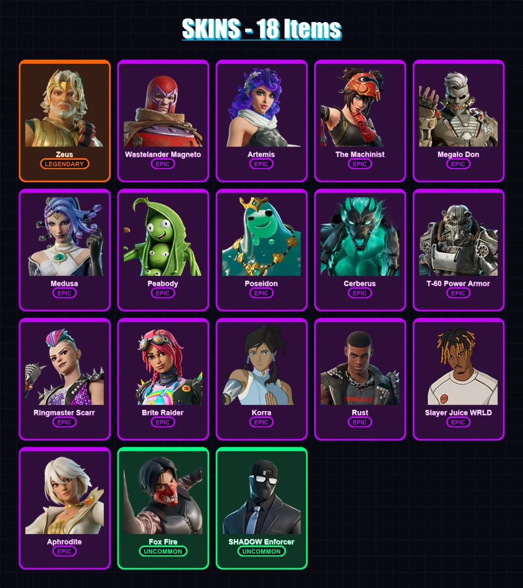 [PC/XBOX] | Zeus | Wastelander Magneto | Artemis | The Machinist | Megalo Don | 18 skin | 31 pickaxe | 20 emote | 28 glider | Lv307